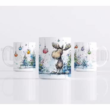 Julmugg – älg i akvarellstil med julkulor och vintergran