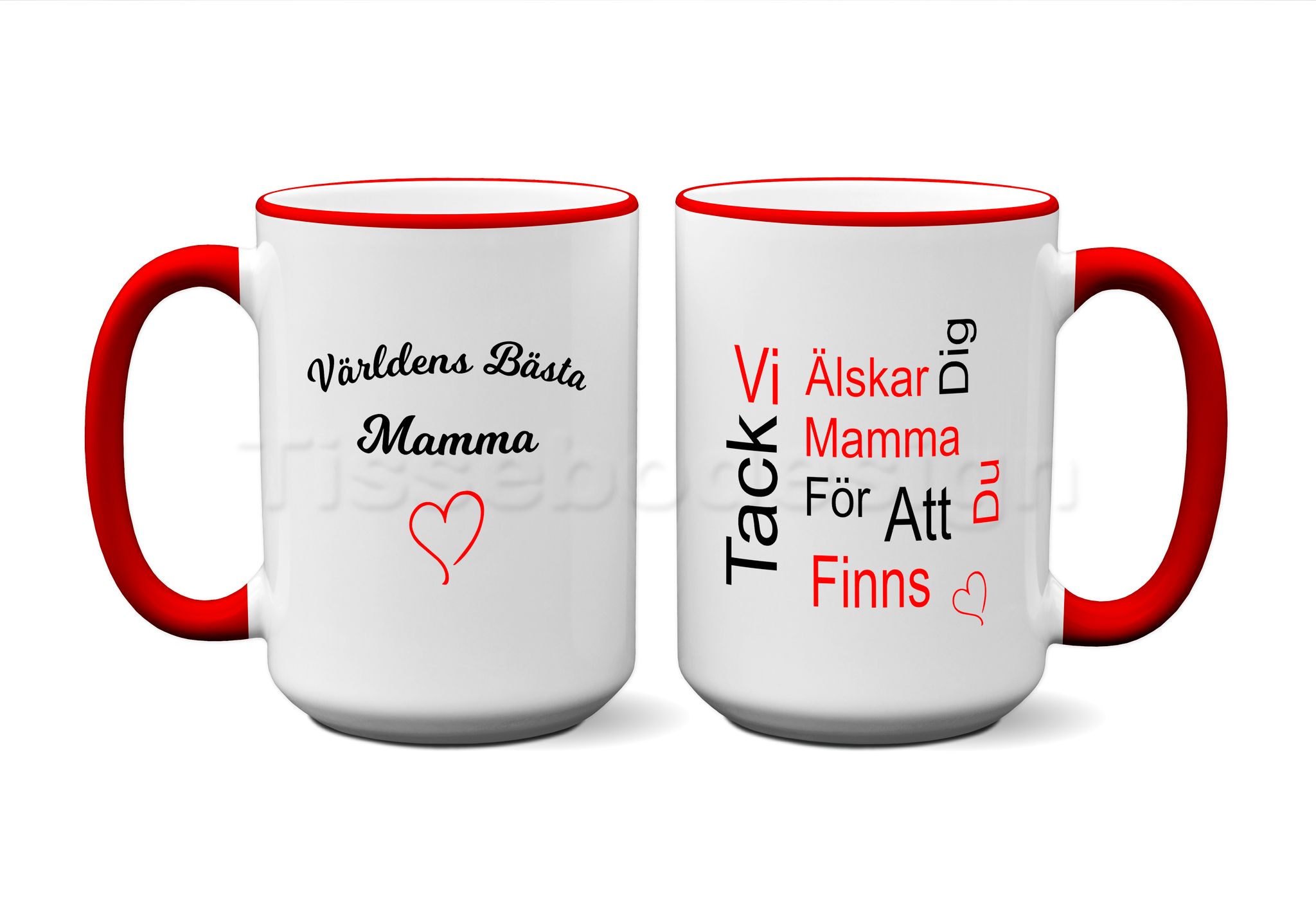 Vit mugg med rött handtag och insida – text om världens bästa mamma och tack för att du finns - 450 ml