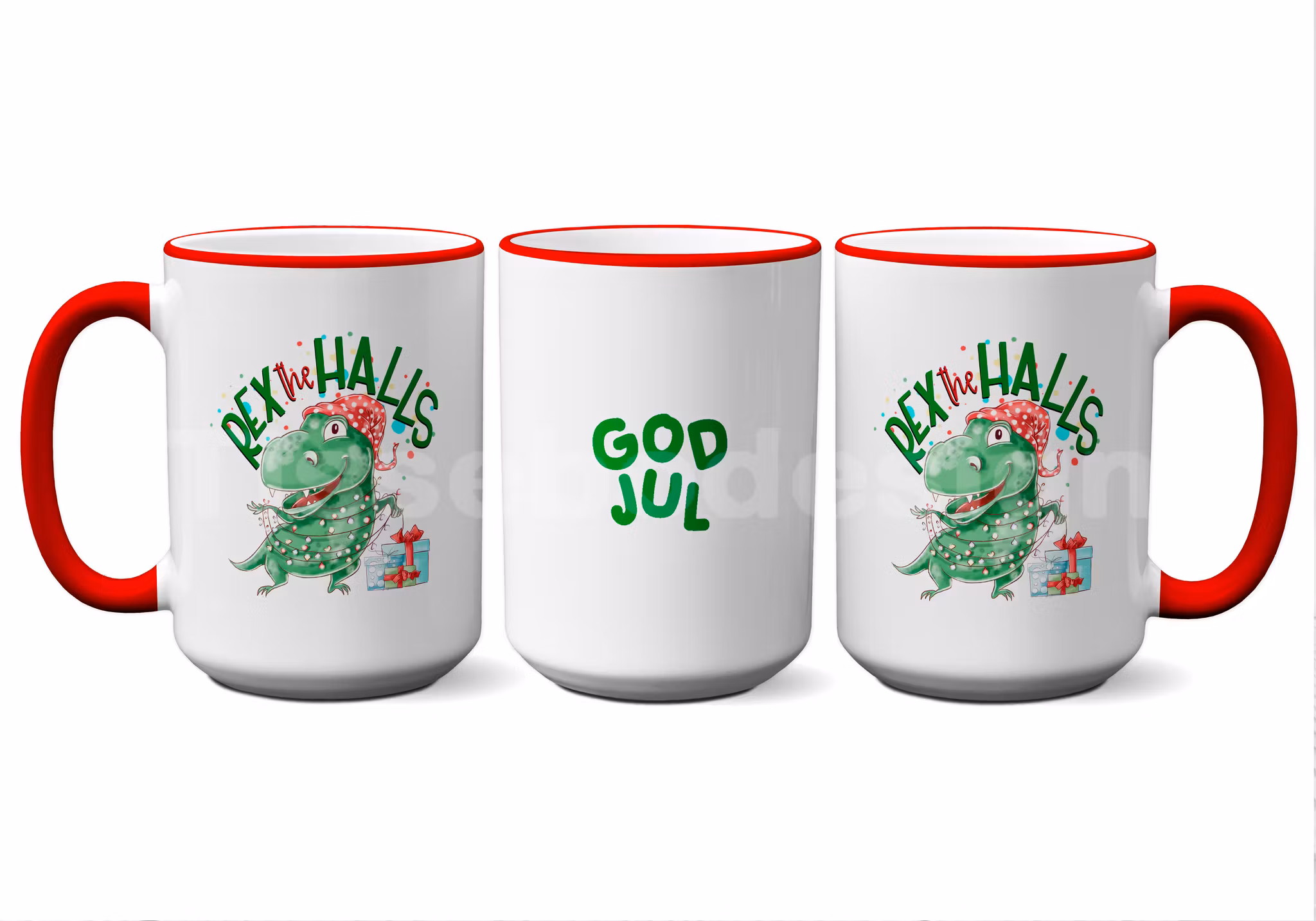 Julmugg med trycket Tree Rex, dinosaurie klädd som en julgran. Keramik, 450 ml, med rött handtag och kant