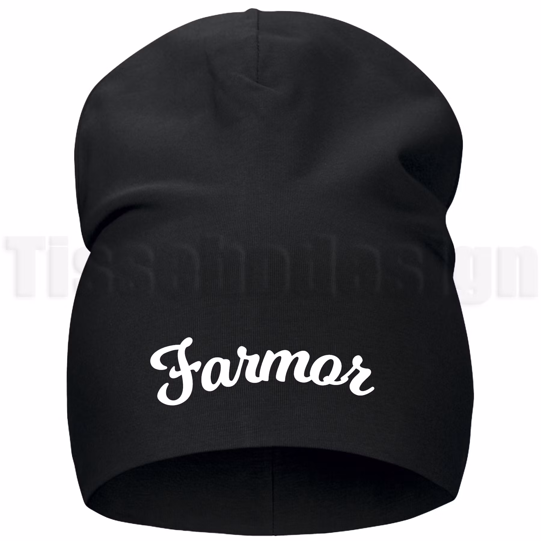 Unisex mössa i två-lagers slätt trikåmaterial med trycket FARMOR framtill.