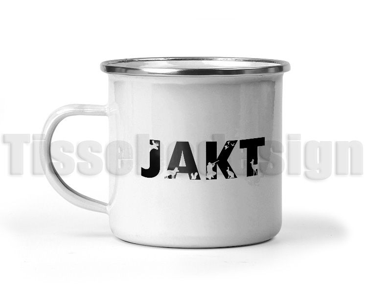 Vit emaljmugg med silverkant och jaktmotiv. Muggen har en kapacitet på 360 ml och är perfekt för jaktentusiaster och naturälskare.