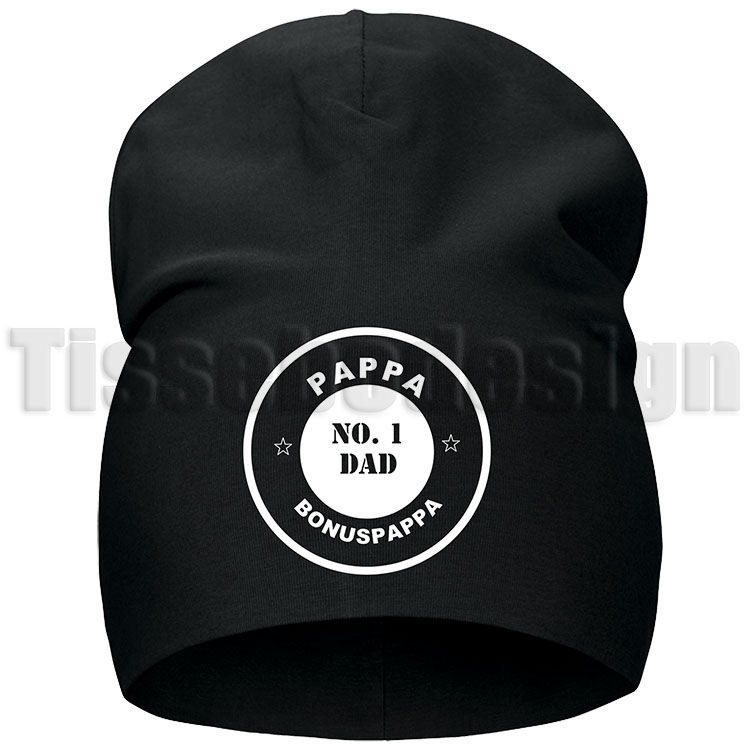 Unisex mössa i två-lagers slätt trikåmaterial med trycket NO1 DAD PAPPA BONUSPAPPA framtill.
