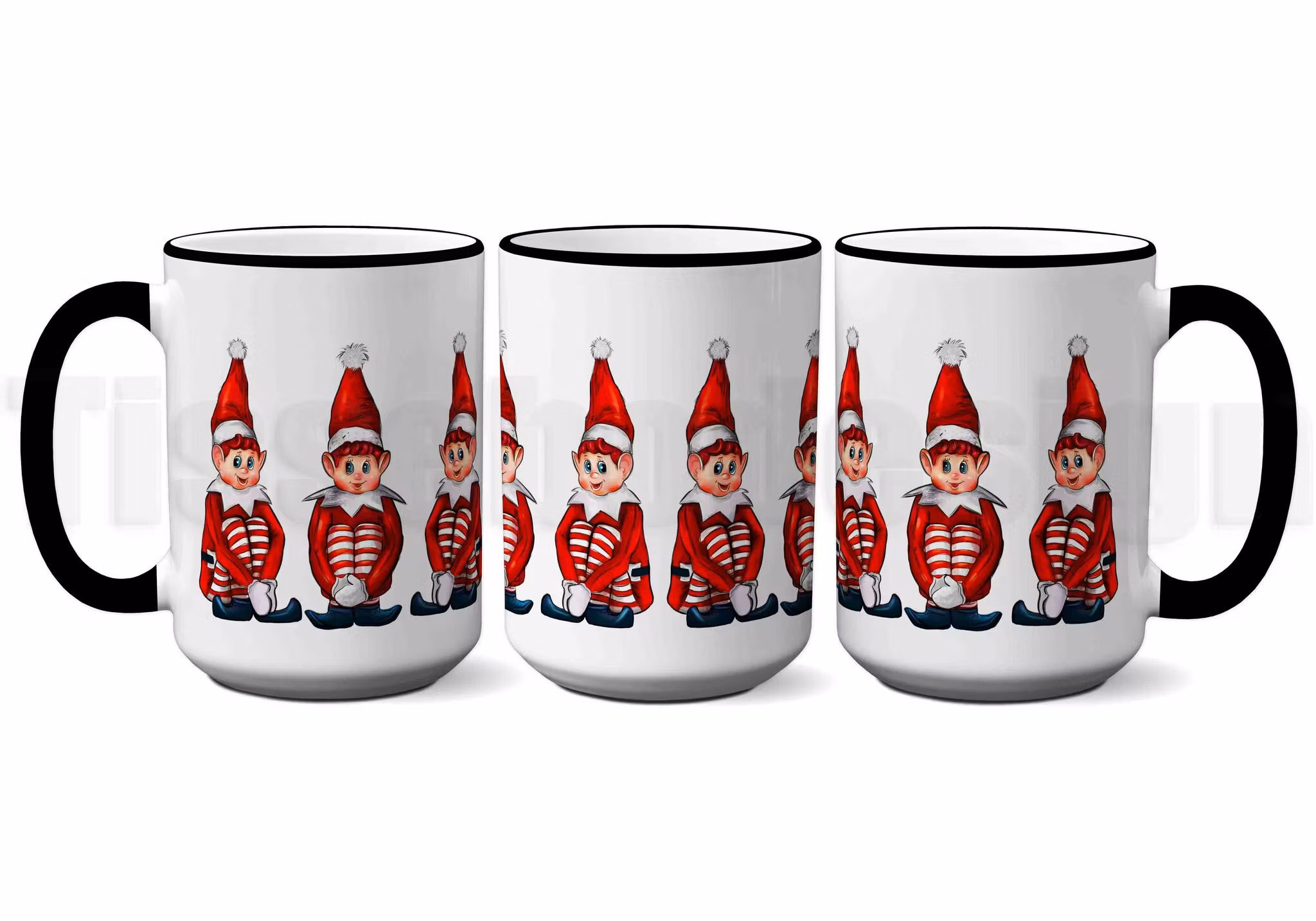 Vit mugg med svart handtag och kant samt motiv av en glad elf i grönt och vitt tryck, porslin 450 ml, tryck på båda sidor.