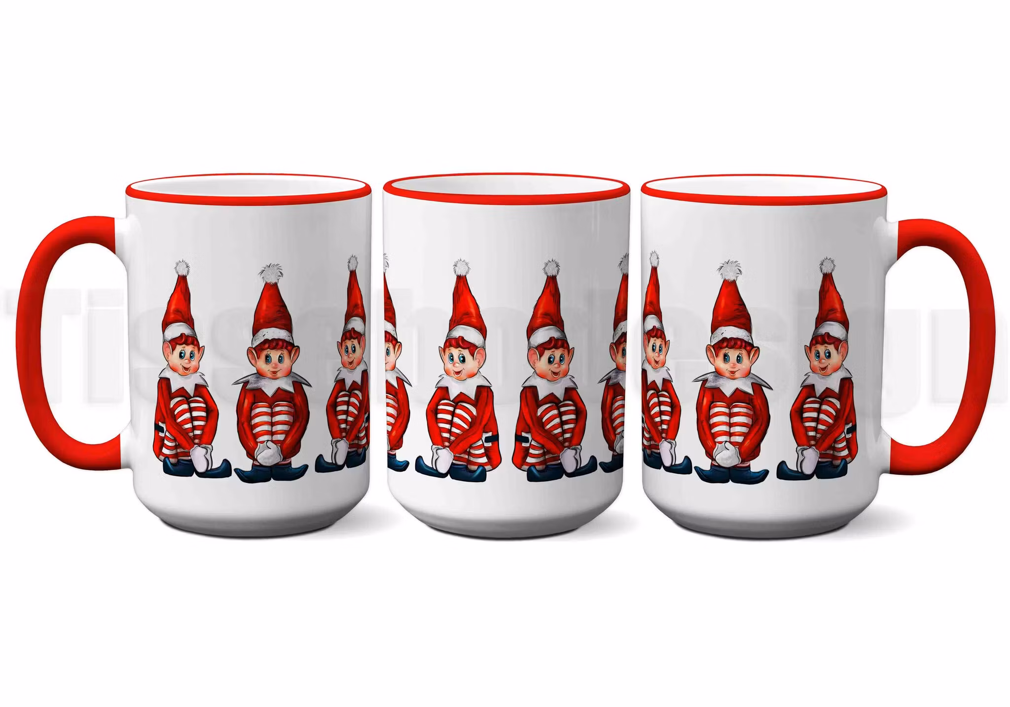Vit mugg med rödahandtag och kant samt motiv av en glad elf i grönt och vitt tryck, porslin 450 ml, tryck på båda sidor.