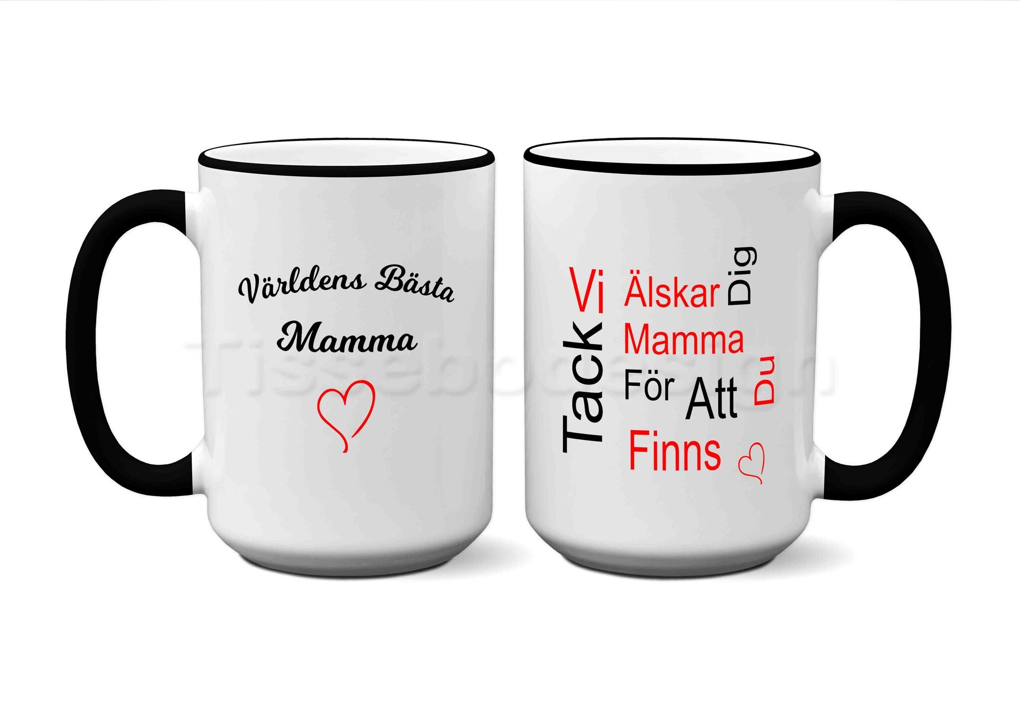 Vit mugg med svart insida och handtag – text Världens bästa mamma & Tack för att du finns - 450 ml