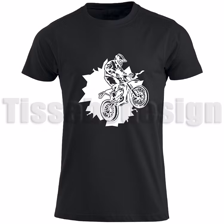 Svart T-shirt med en bild på en Motocross i vit - sportig design, 100% bomull, unisex, S till 5XL.