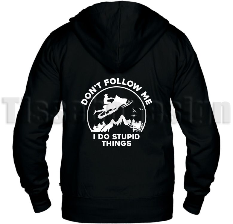 En Svart Hooded Cardigan, en kvalitets tröja från Texstar med trycket Don´t Follow Me och en snöskoter