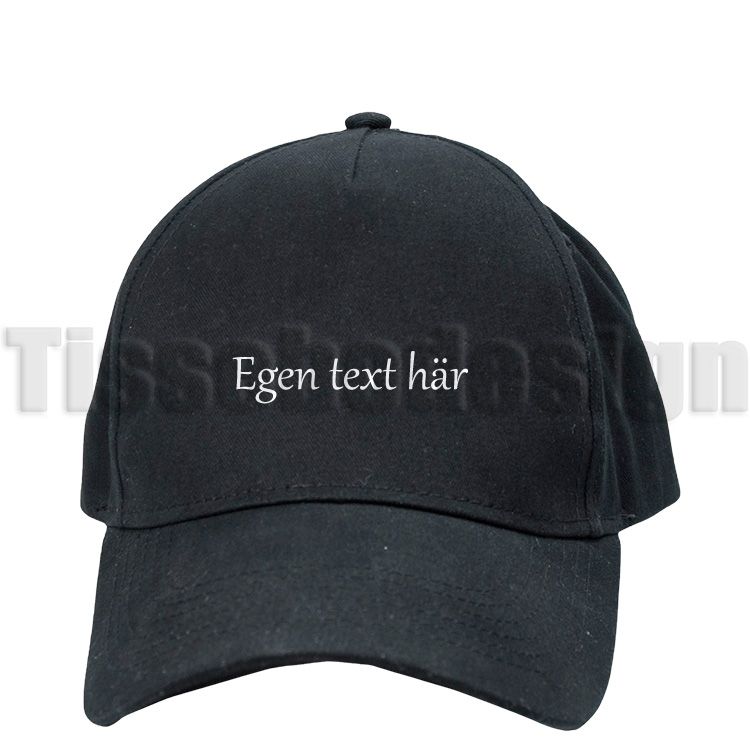 En svart keps som man kan trycka en egen text på