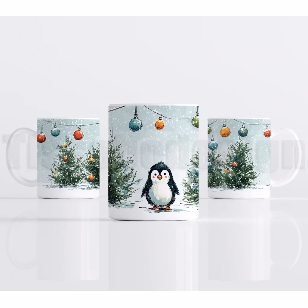 Julmotiv med pingvin och julgranar dekorerade med färgglada kulor