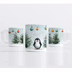 Julmugg – pingvin med julgran och färgglada kulor