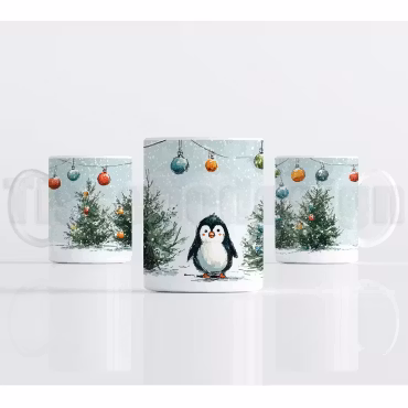 Julmugg – pingvin med julgran och färgglada kulor