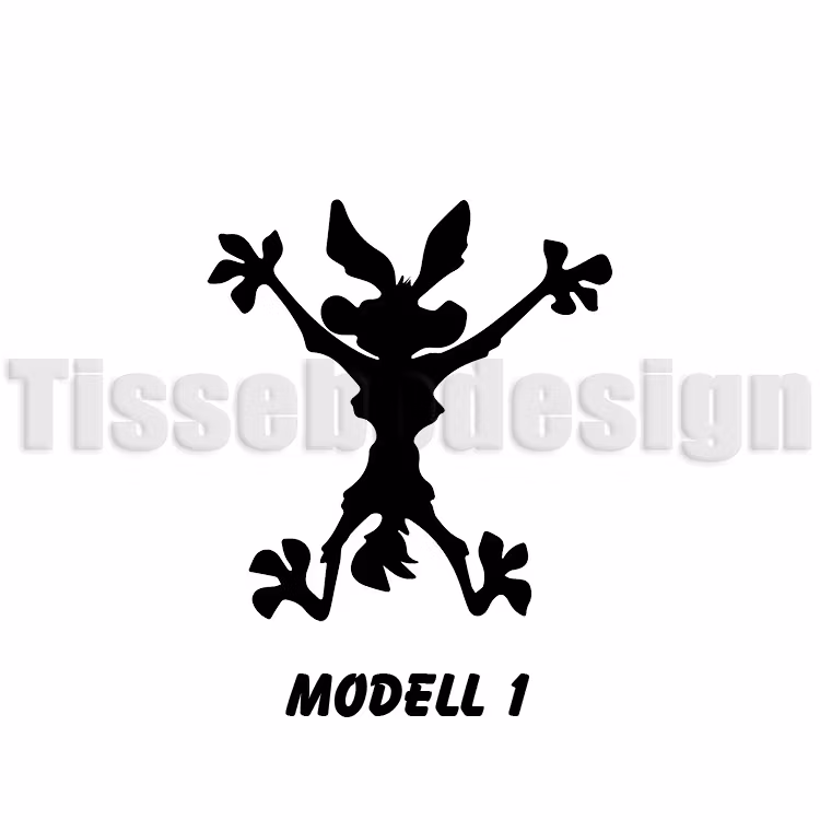 Dekal med Beep Beep Crash-figur fastklämd med utsträckta armar och ben i svart siluett, modell 1