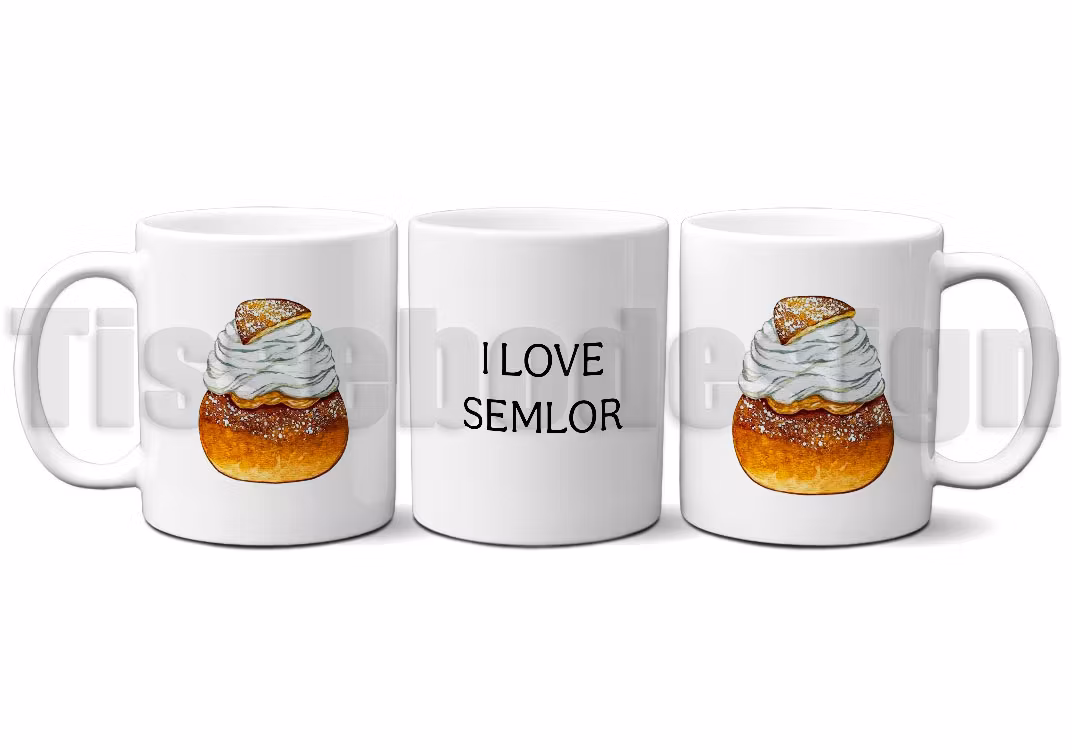 Vit mugg med semlemotiv och texten I LOVE SEMLOR i mitten.