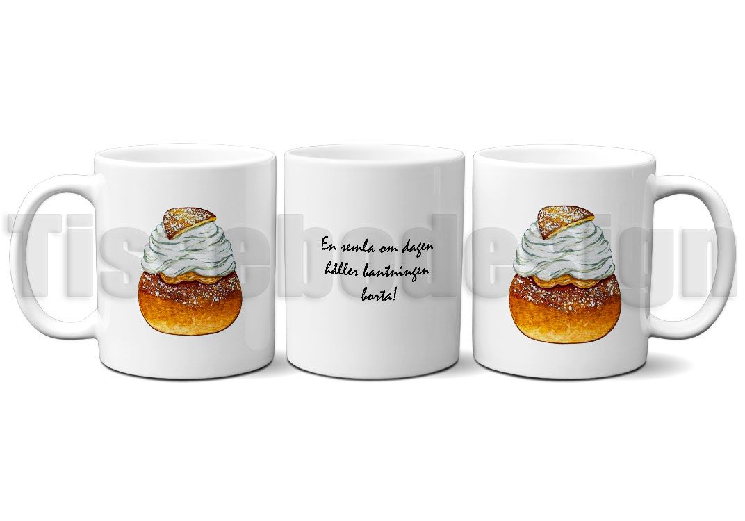 Vit keramikmugg med texten En semla om dagen håller bantningen borta och semmelmotiv på båda sidor, 330 ml