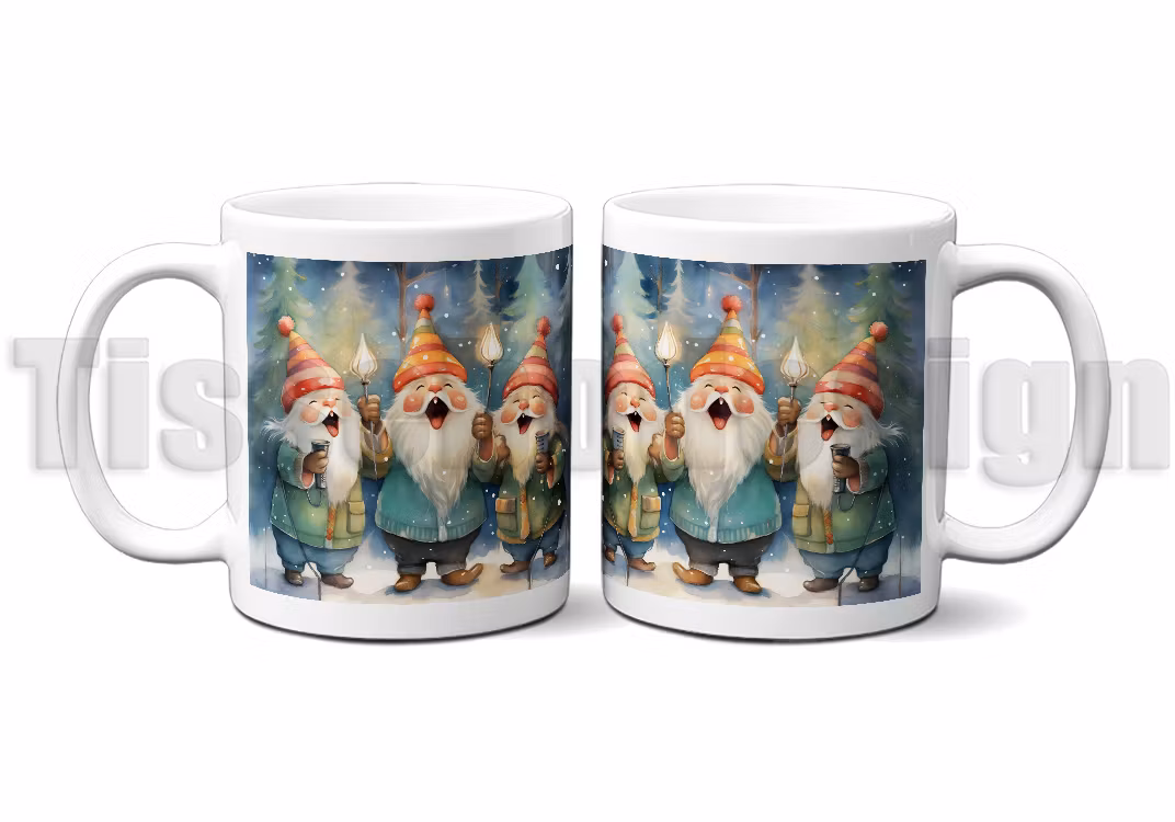 Vit julmugg med trycket 'Sjungande Tomte Kör', tomtar som sjunger i vintrigt landskap. Keramik, 330 ml.