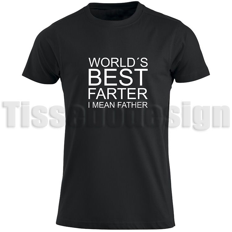 Svart T-shirt med tryck World´s Best Farter I Mean Father Nr 1 = Endast text