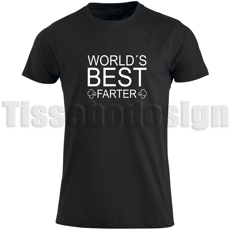 Svart T-shirt med tryck World´s Best Farter I Mean Father Nr 2 = Fartränder efter ordet Farter