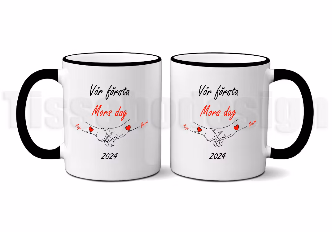 Vit mugg med svart insida och handtag, samma design med namn och hjärtan - 330 ml