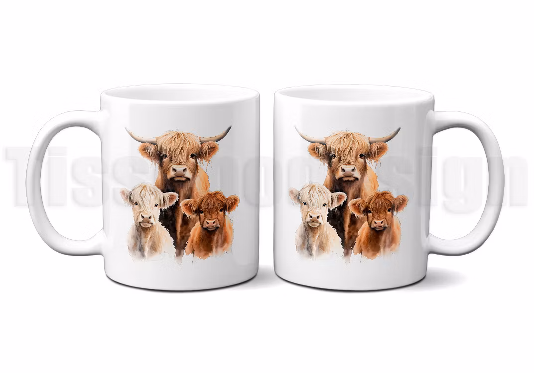 Mugg Highland Cow en hel vit mugg, med trycket Highland Cow.
