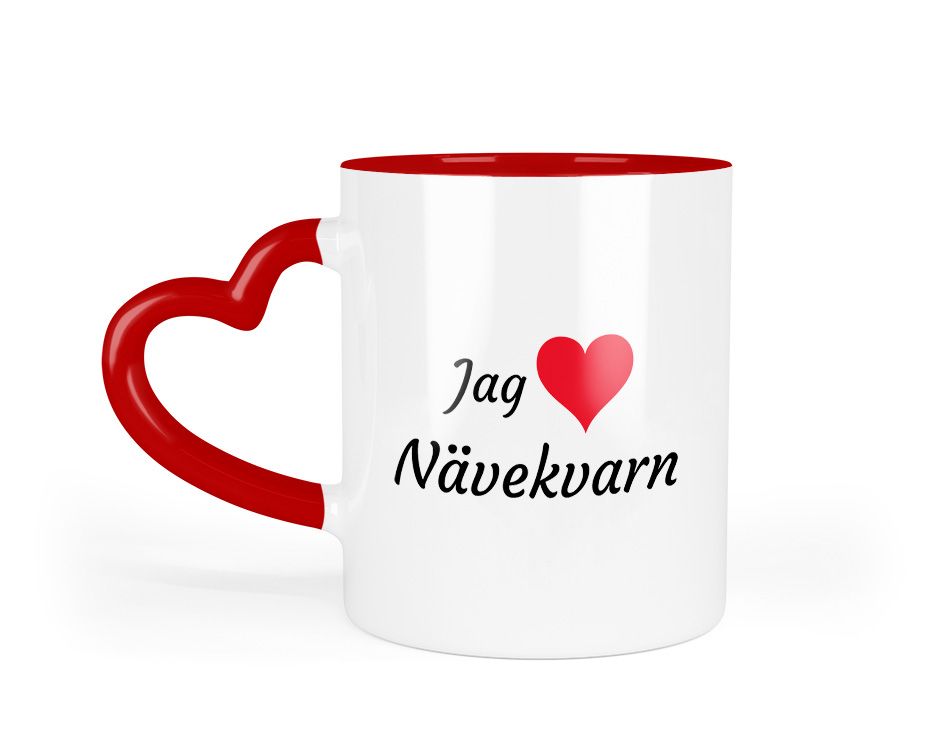 Vit porslinsmugg med Jag ❤️ Nävekvarn-tryck och rött hjärtformat handtag
