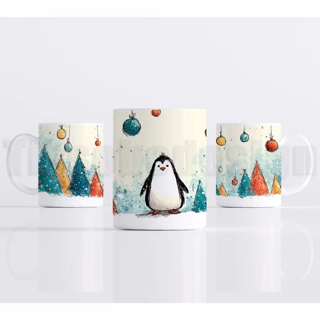 Julmotiv med pingvin, färgglada granar och hängande julkulor