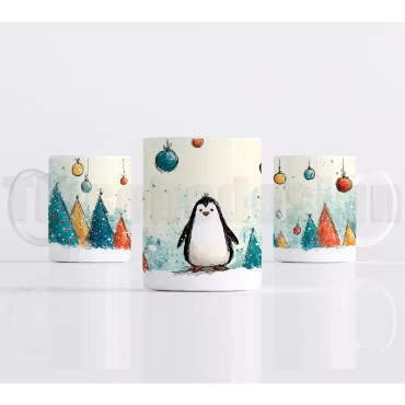 Julmugg – pingvin med färgglada granar och julkulor