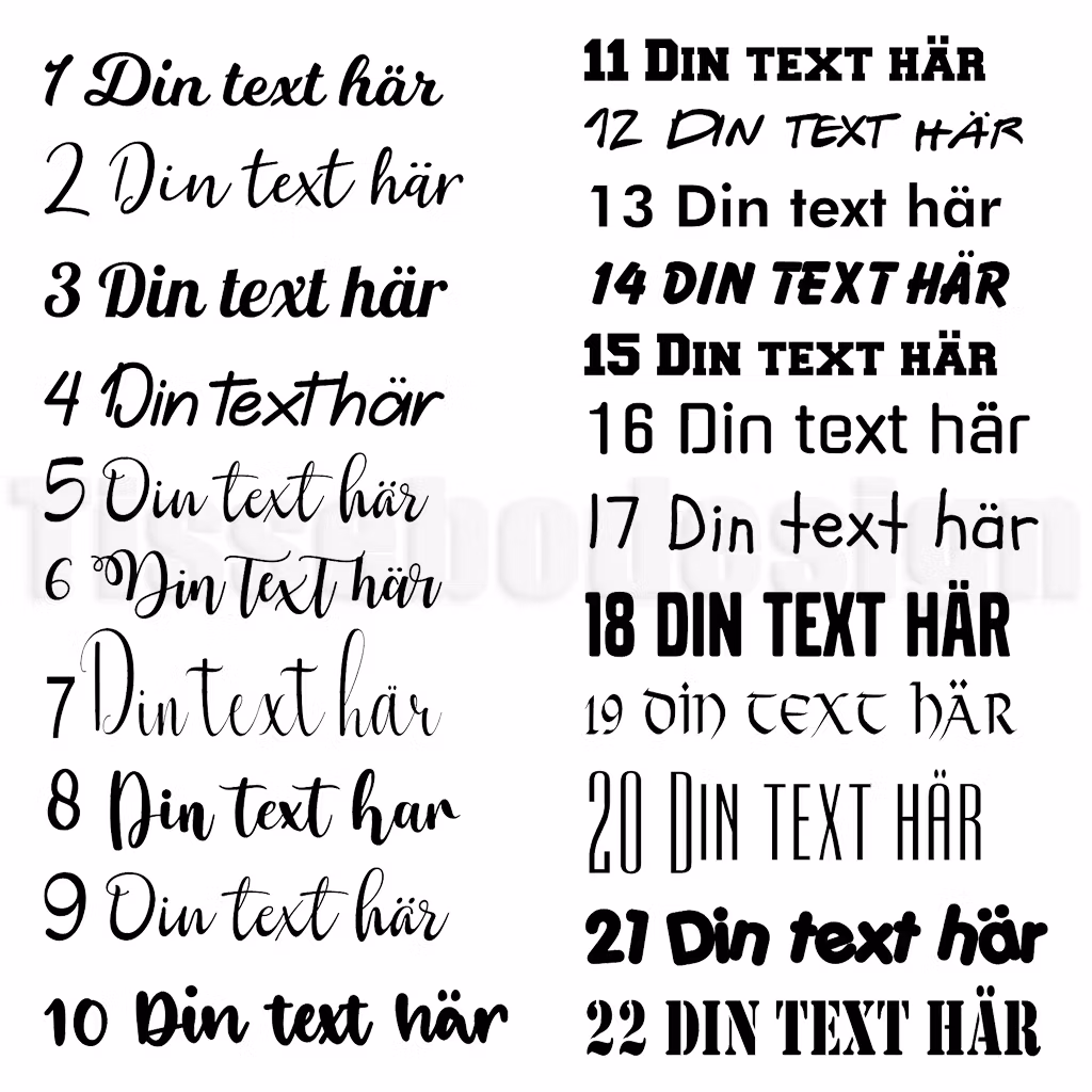 Översikt med 22 typsnittsalternativ för anpassad textdesign – varje stil numrerad för val i produktfält