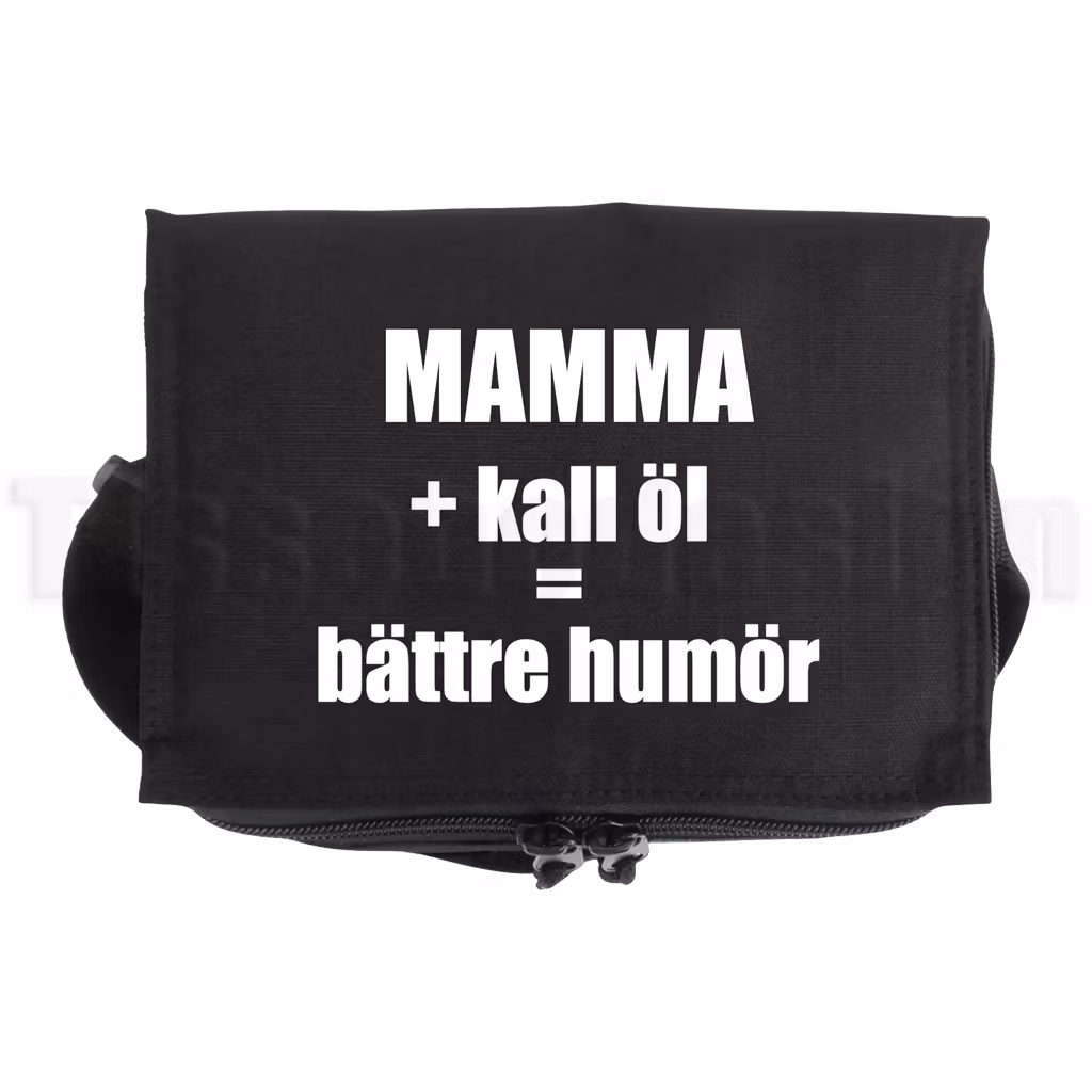 Kylväska med texten Mammas + kall öl = bättre humör – med rolig text för mamma