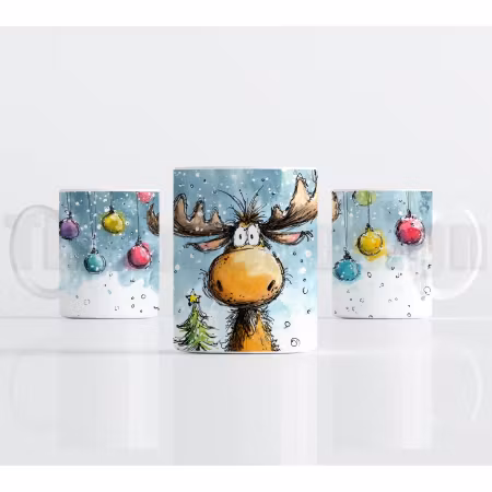 Julmugg – älg med julkulor och liten gran