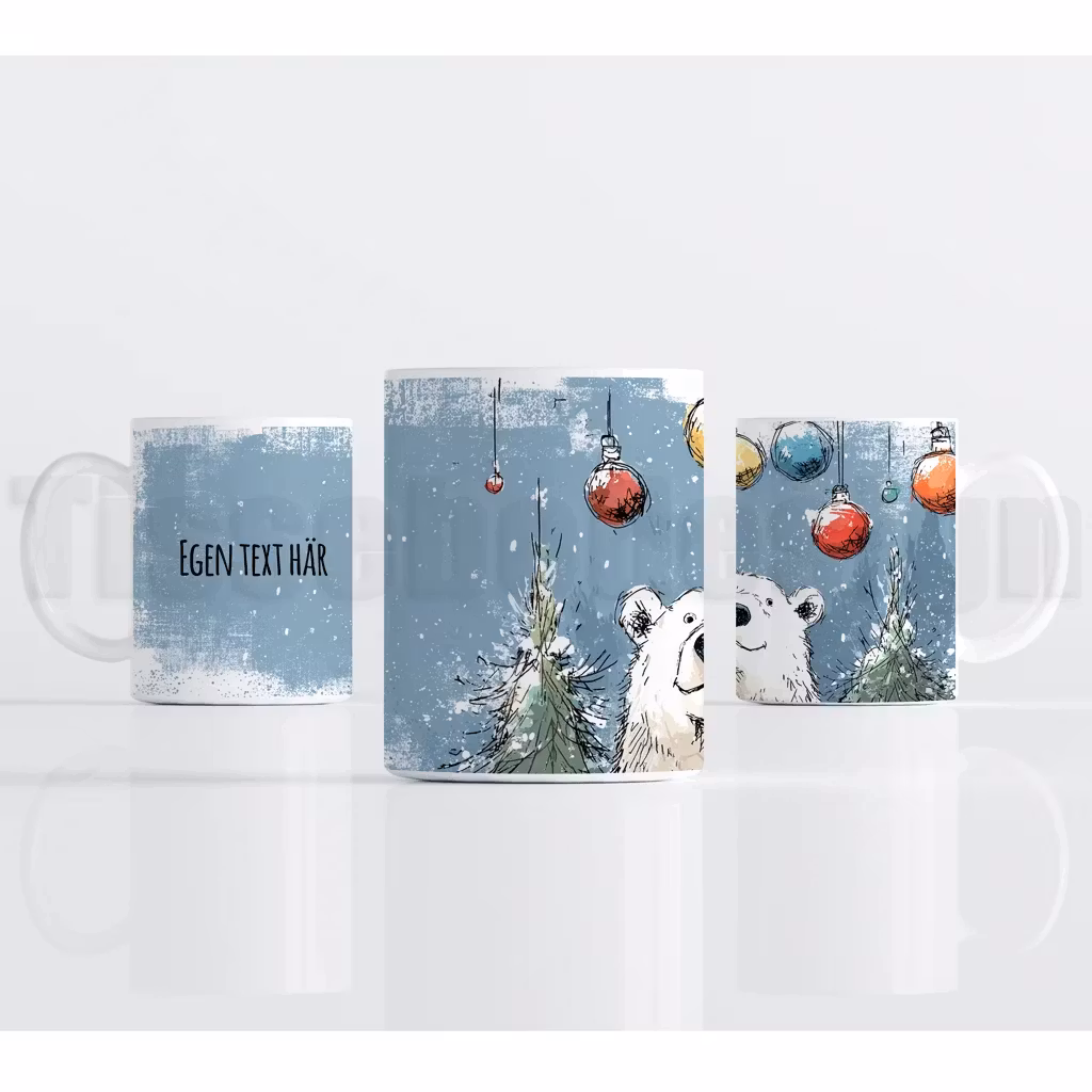 Julmotiv med isbjörn, snötäckta granar och färgglada julkulor