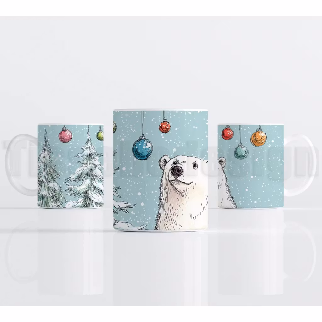 Julmotiv med isbjörn, snötäckta granar och färgglada julkulor