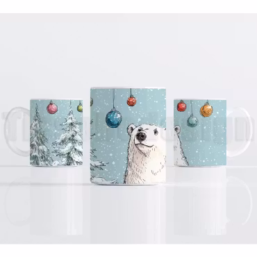 Julmugg – isbjörn med vintergran och färgglada julkulor