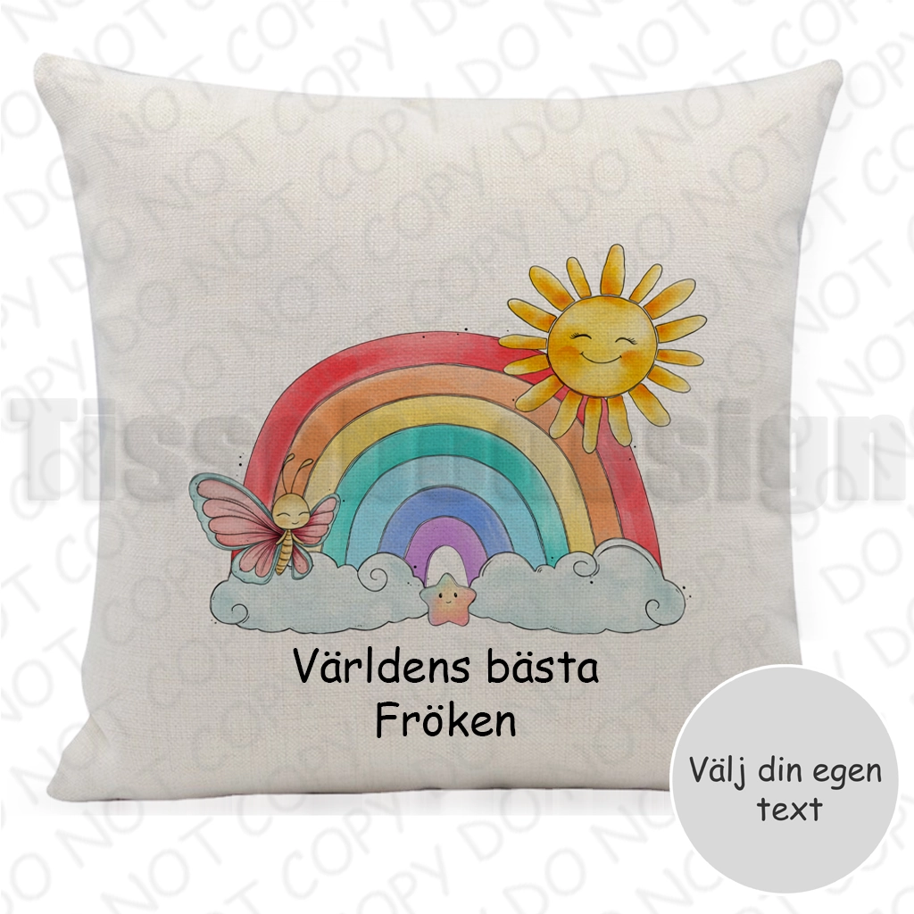 Kuddfodral med regnbåge, sol och fjäril – lekfull design