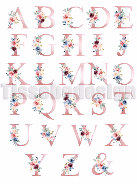 Rosa alfabet med blommotiv för varje bokstav, från A till Z samt tecknet "&". Perfekt för personliga tryck och design.
