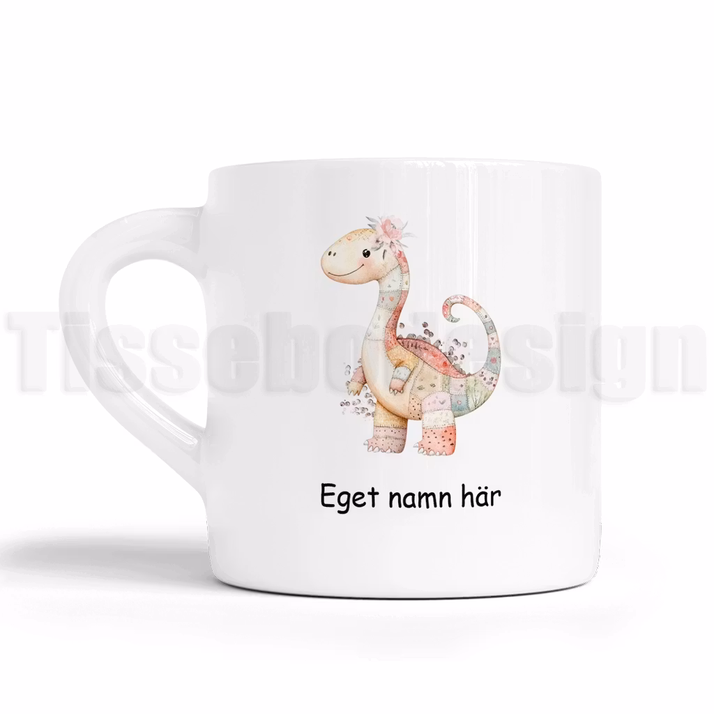 Barnmugg med dinosauriemotiv i mjuka färger och möjlighet att lägga till eget namn.