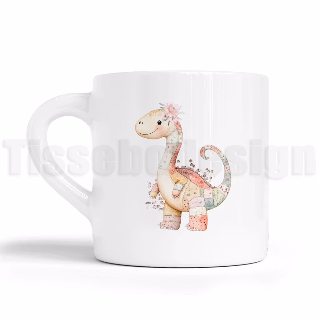 Barnmugg med en pastellfärgad dinosaurie med blomdekoration på vit mugg.