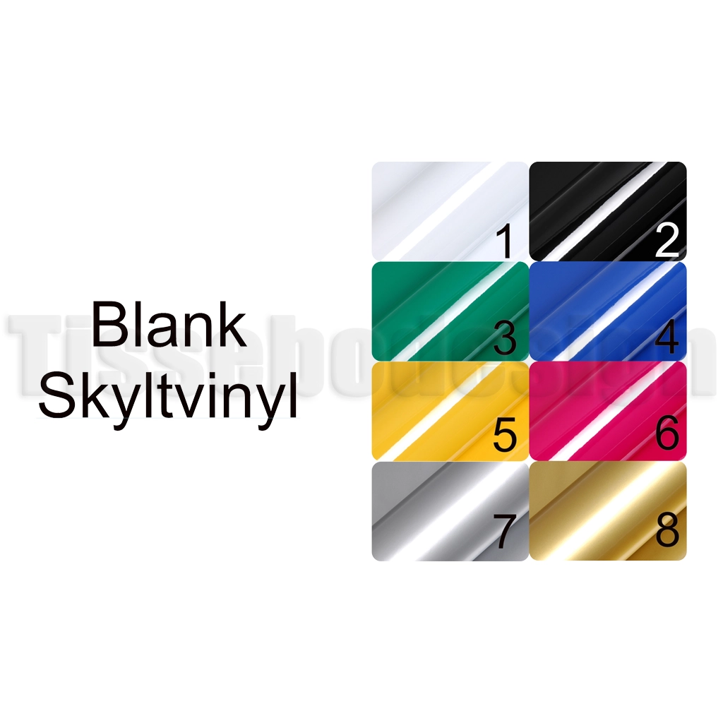 Översikt med åtta färgalternativ i blank skyltvinyl numrerade 1 till 8