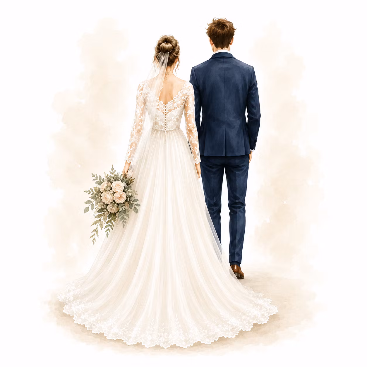 Personlig bröllopsillustration av brudpar bakifrån med brudbukett i handen.