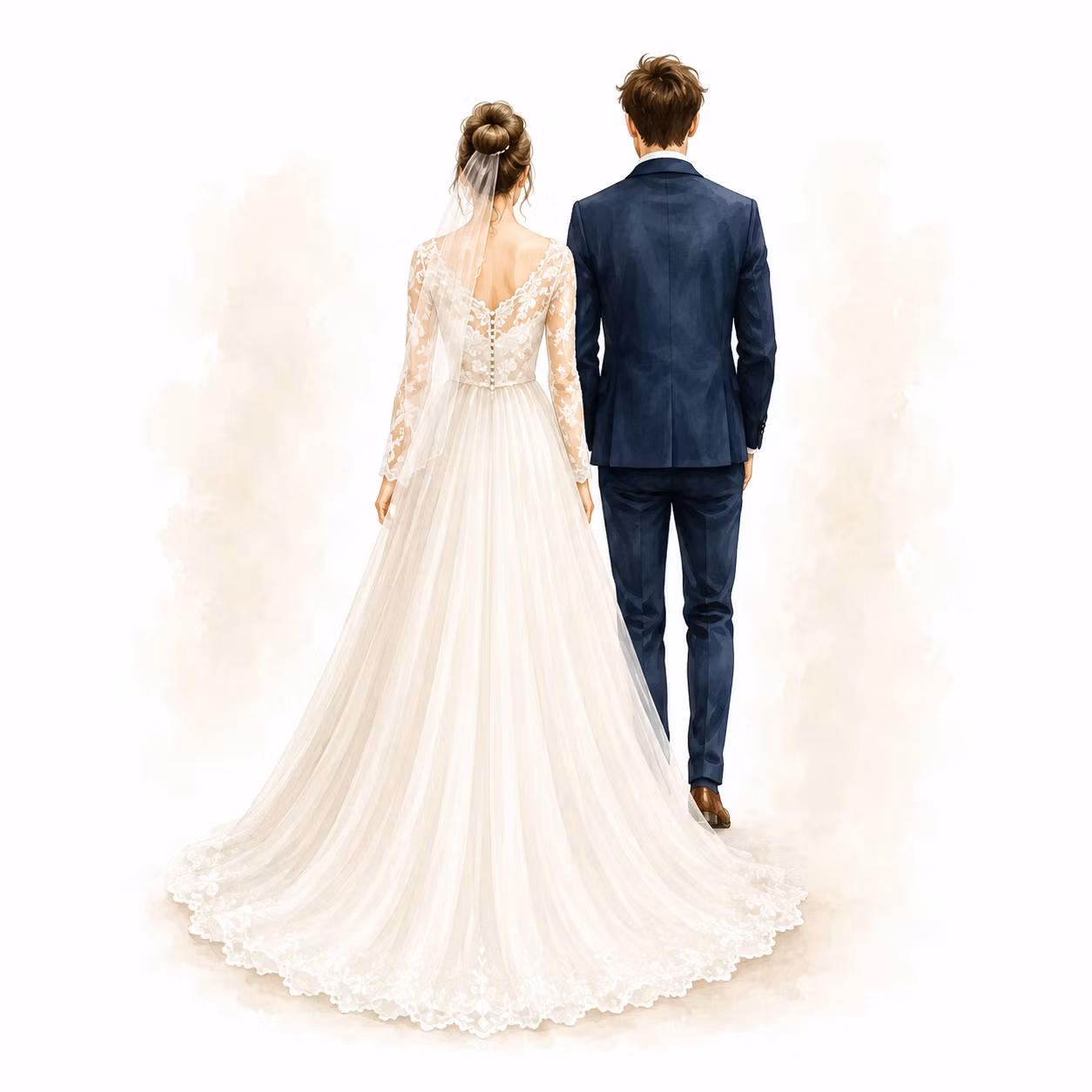 Personlig bröllopsillustration av brudpar bakifrån utan blomsterdetaljer.