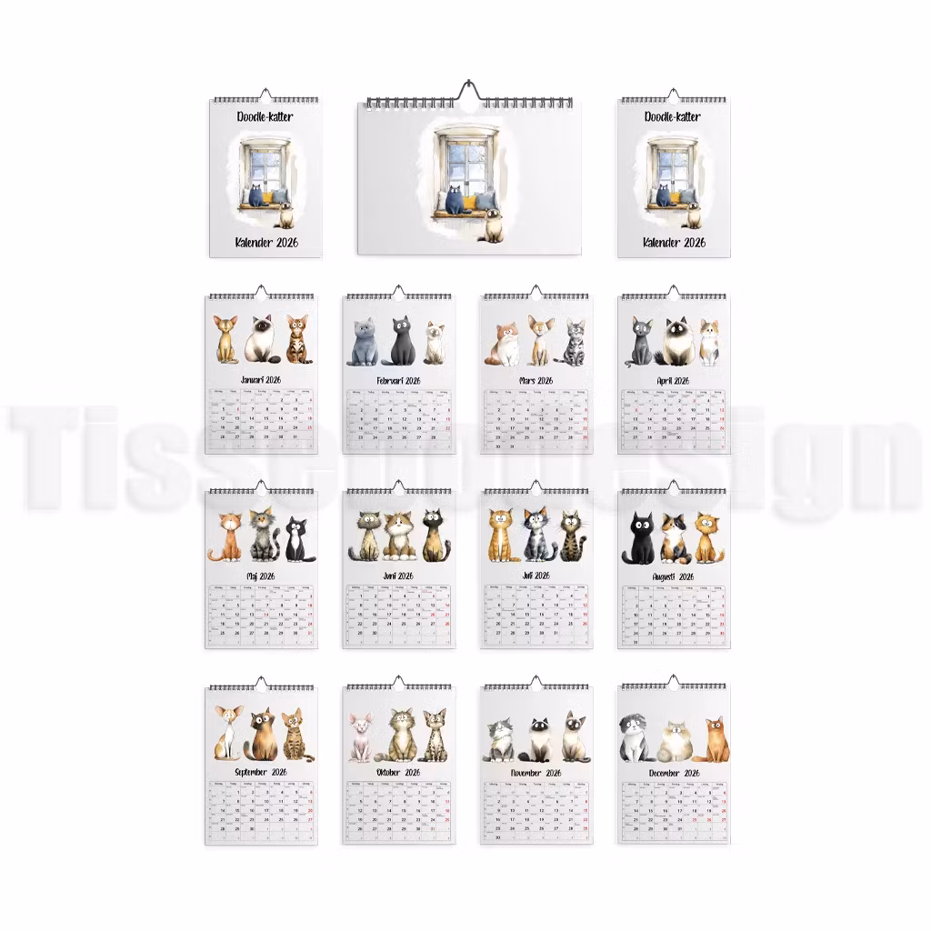 Översikt av doodle-kalender 2026 med tolv olika illustrerade kattmotiv för varje månad