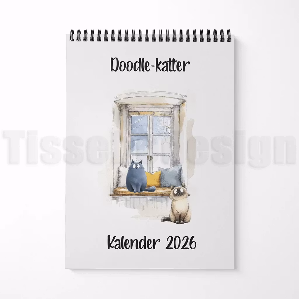 Framsida med två doodle-katter sittande vid ett fönster