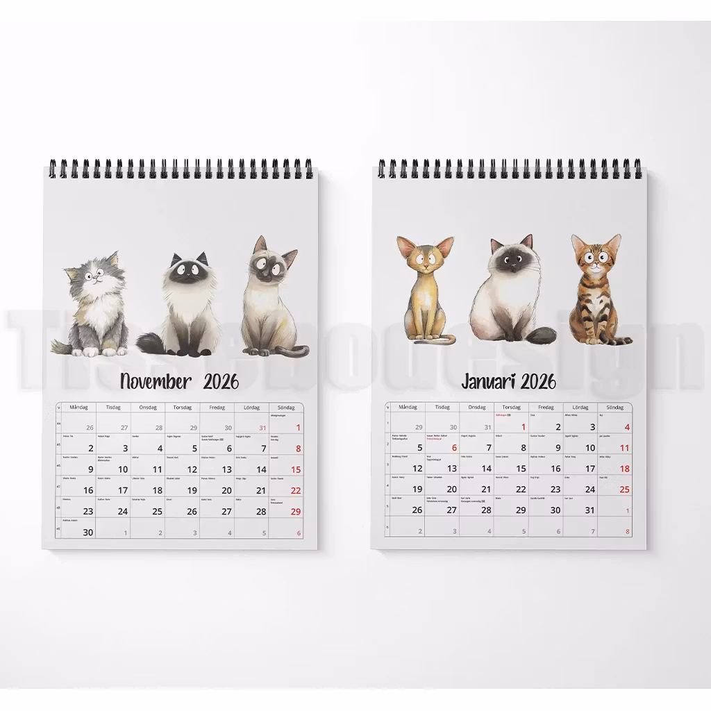 Två månadsuppslag med doodle-katter för januari och november