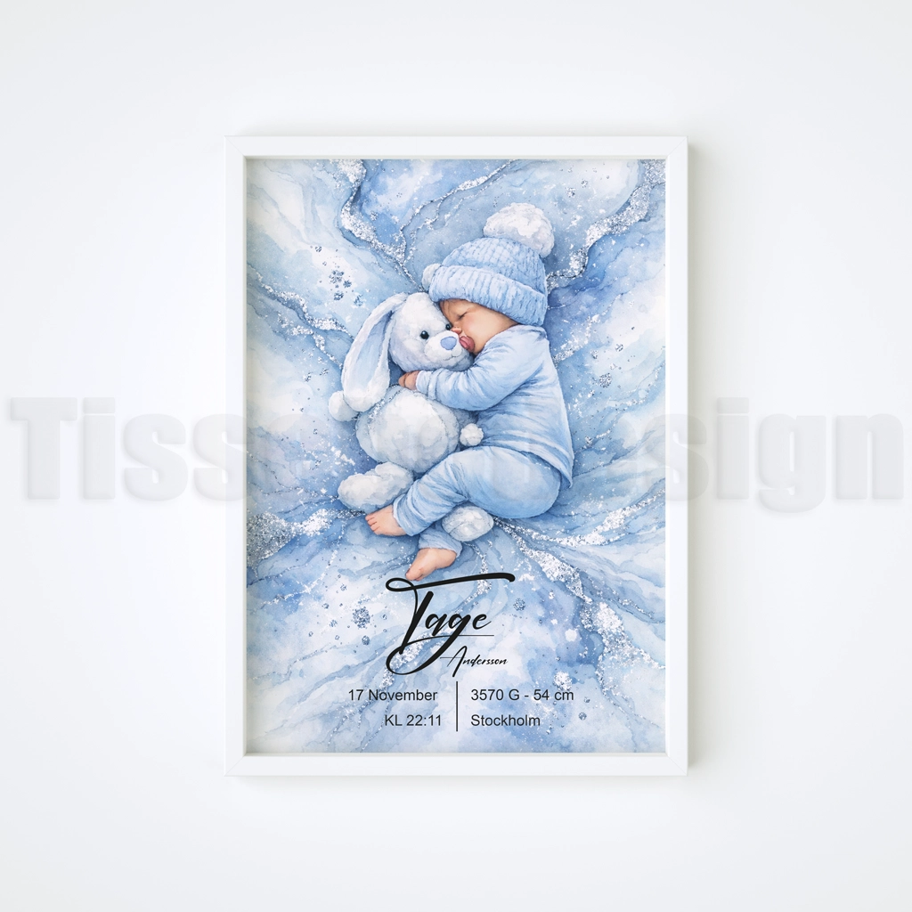 Doptavla med sovande baby och kanin – personlig minnestavla