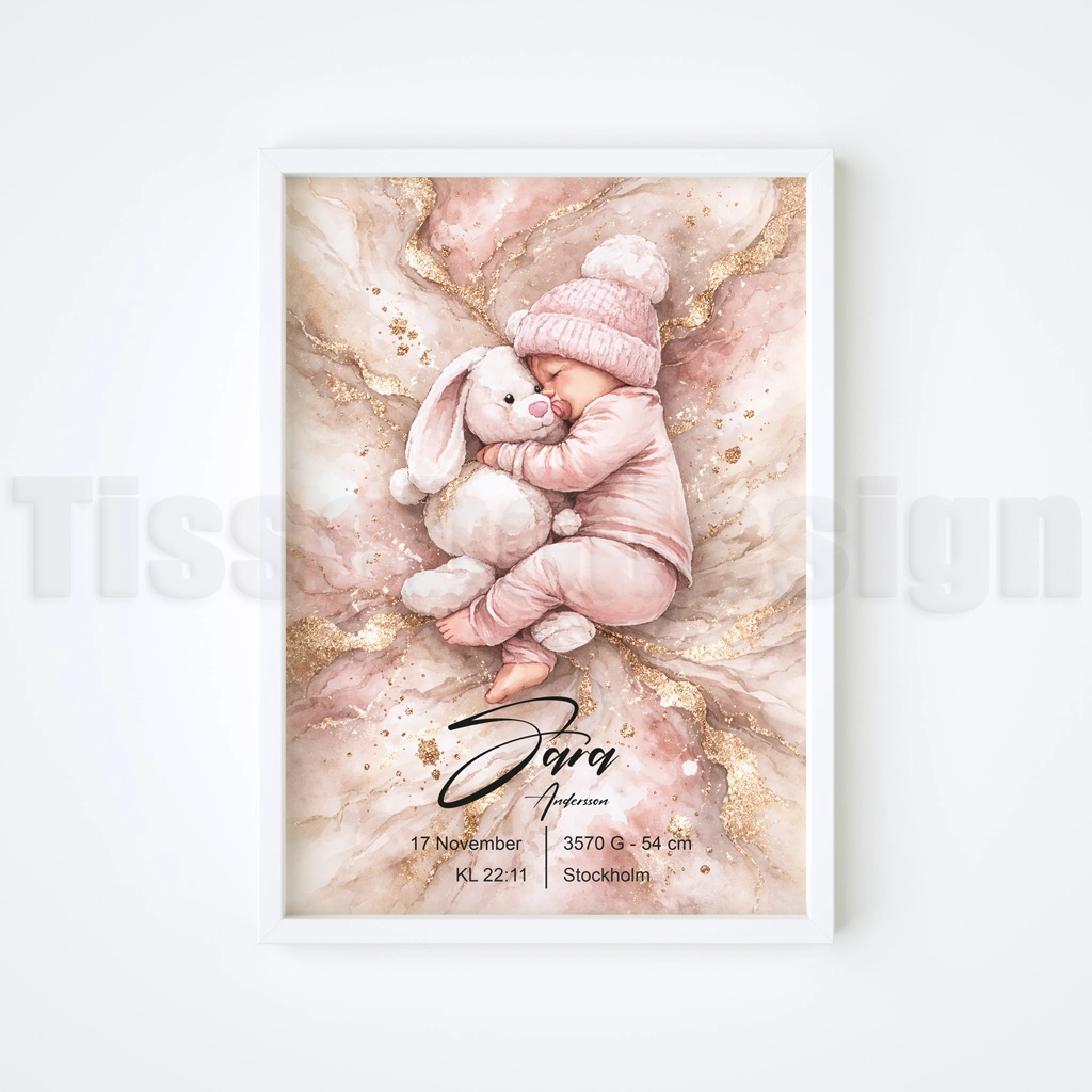 Doptavla med sovande baby och kanin – personlig minnestavla