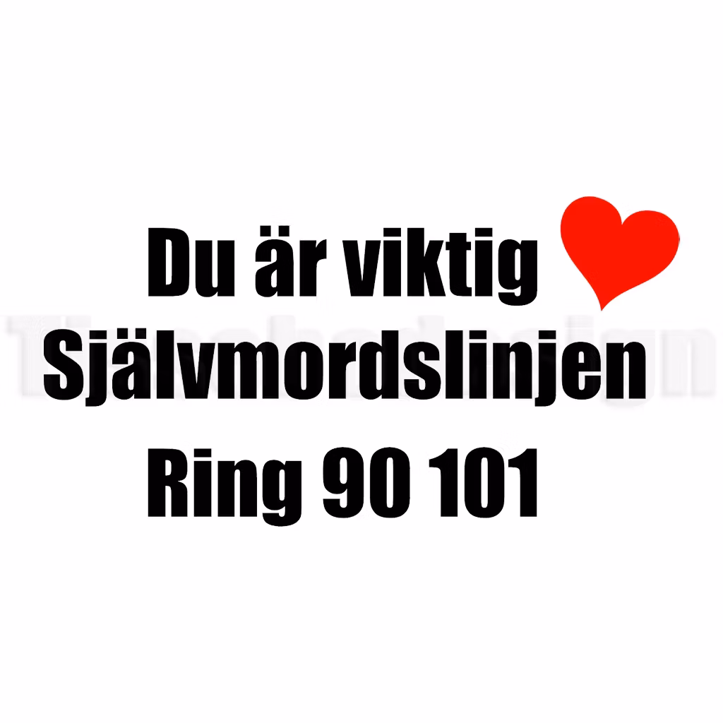 Dekal med texten Du är viktig, Självmordslinjen Ring 90 101 och röd hjärtdetalj