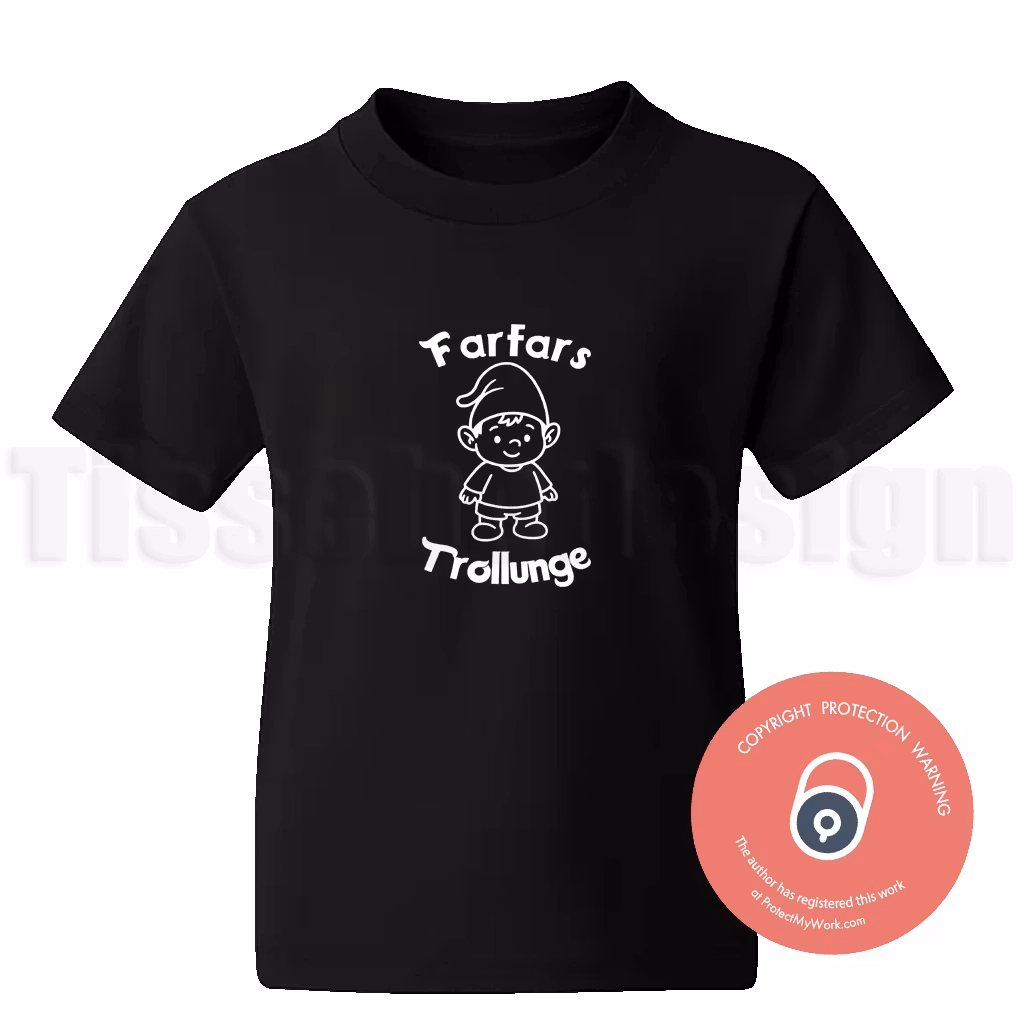 Svart barn-t-shirt med vitt tryck som visar en trollfigur med luva och texten "Farfars Trollunge", rolig och kärleksfull t-shirt för barn