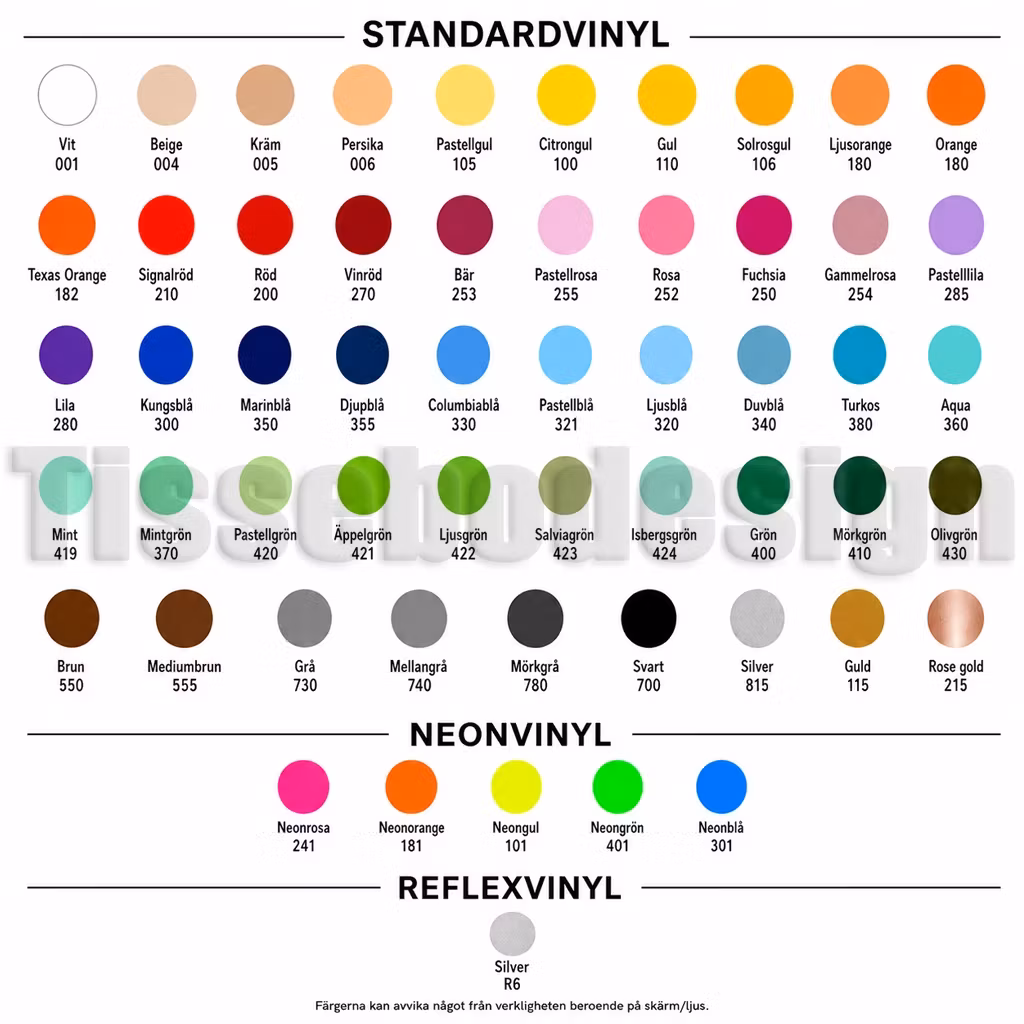 Färgkarta för standardvinyl, neonvinyl och reflexvinyl med färgnummer för tryckval