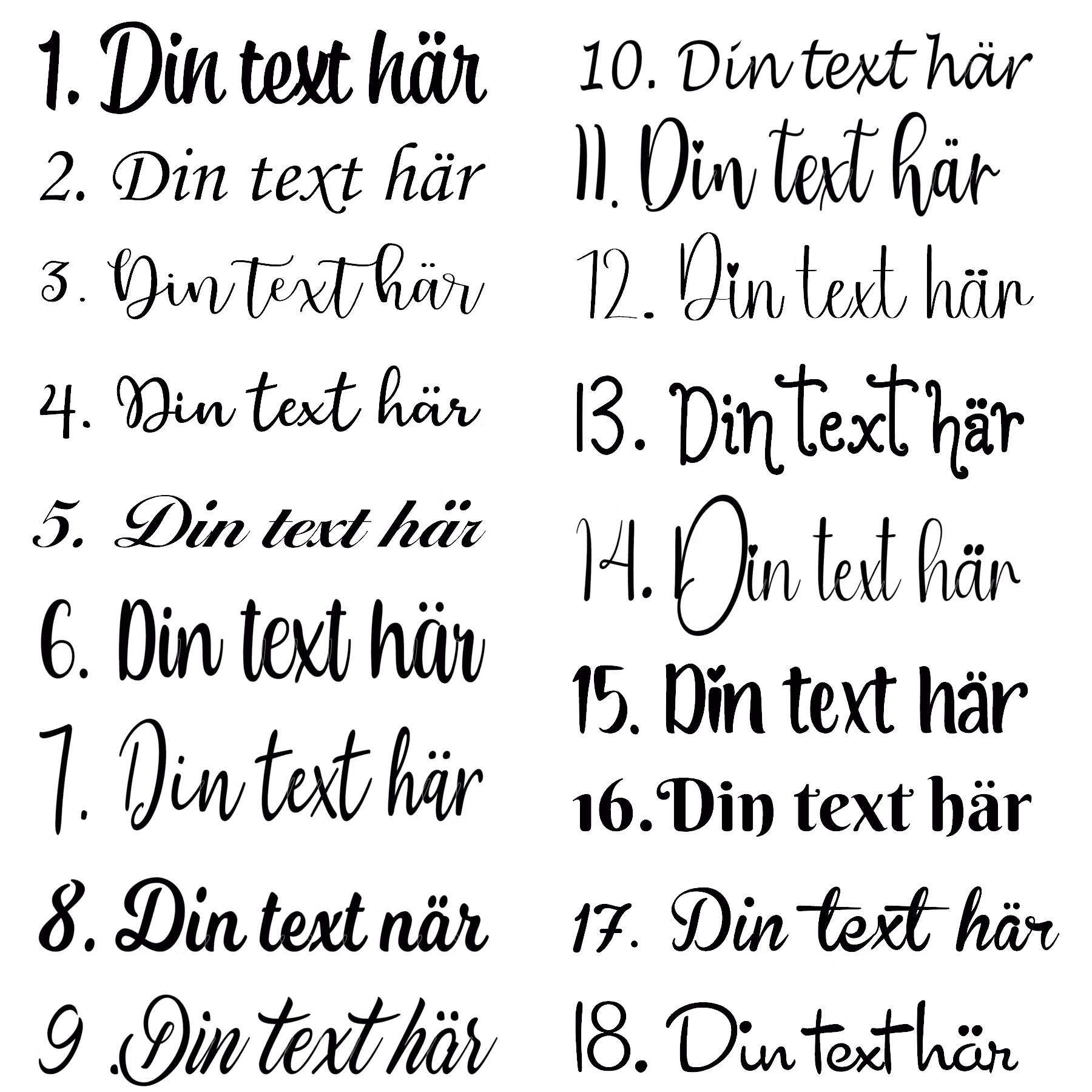 Översikt med typsnitt 1–18 för vinyltryck på textilier – handskrivna och kursiva stilar