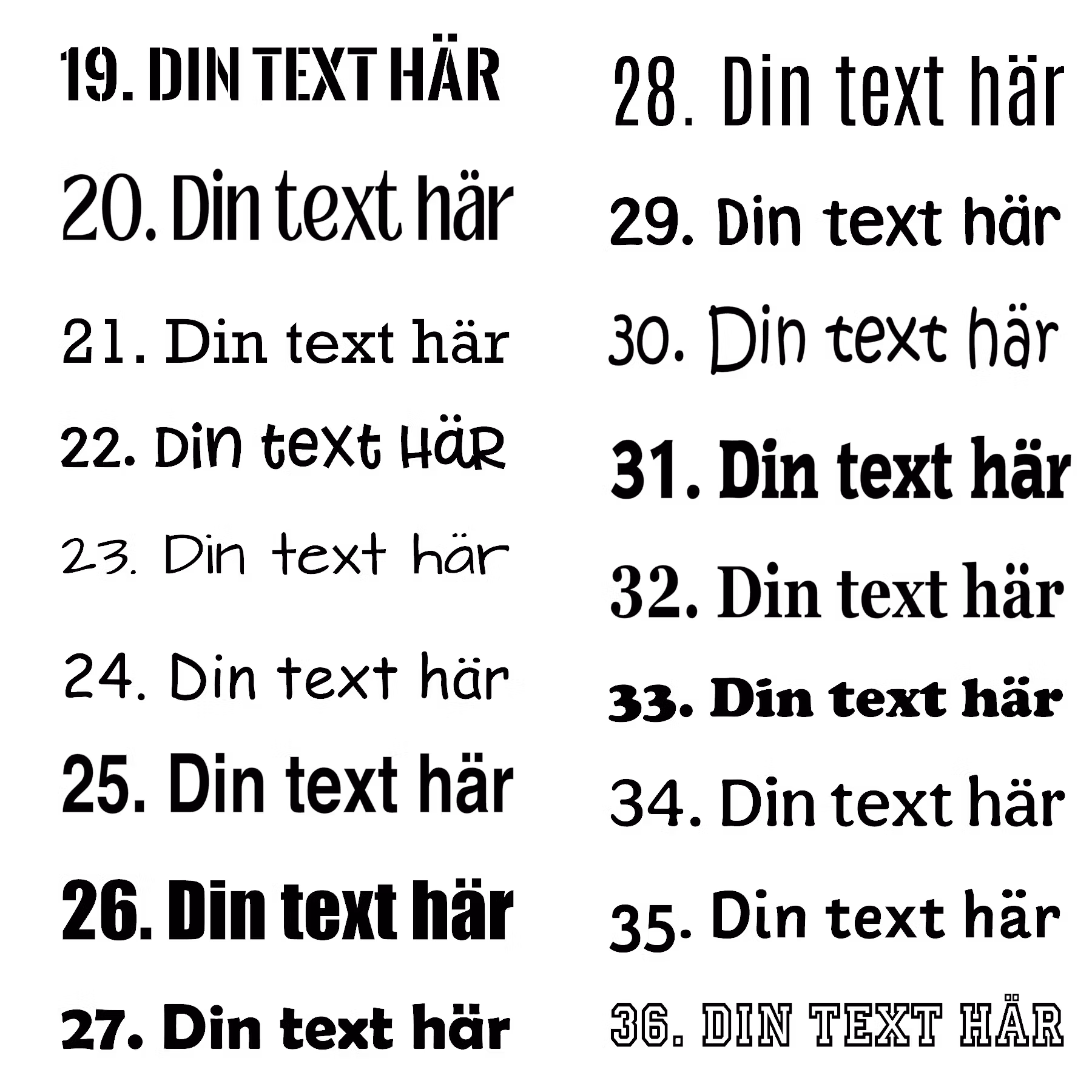 Översikt med typsnitt 19–36 för vinyltryck på textilier – blandning av raka, mjuka och lekfulla stilar