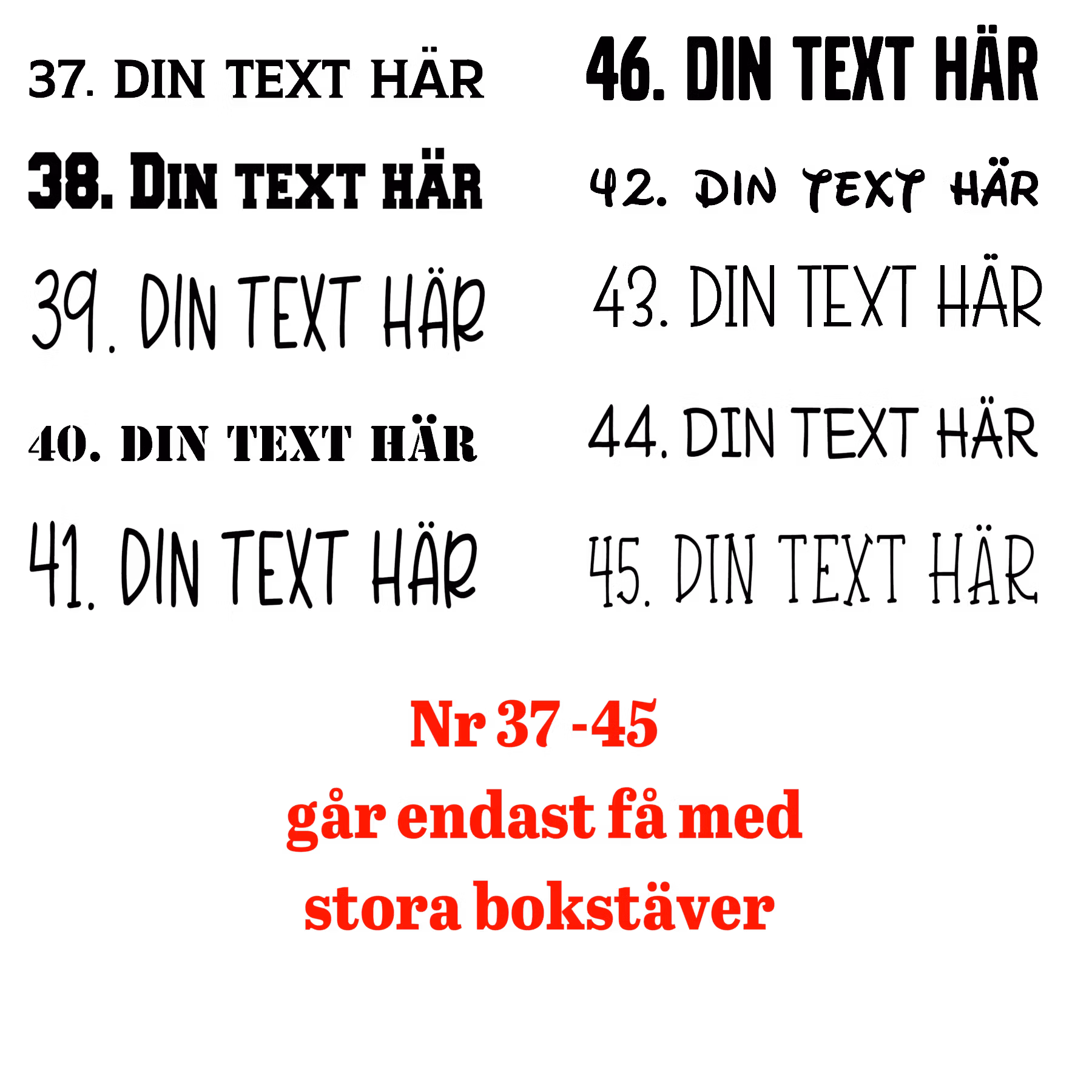 Översikt med typsnitt 37–45 för vinyltryck på textilier – endast versaler, tydliga blockstilar